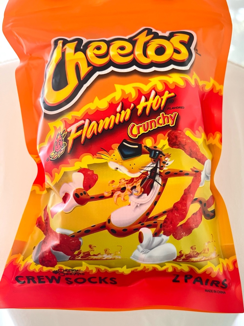 Cheetos Flamin’ Hot Crunchy Crew Socks 2 Pair Unisex Size 8 to 12 New In Package